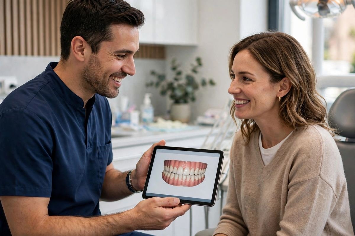 Dentist showing a patient a smile preview on a tablet