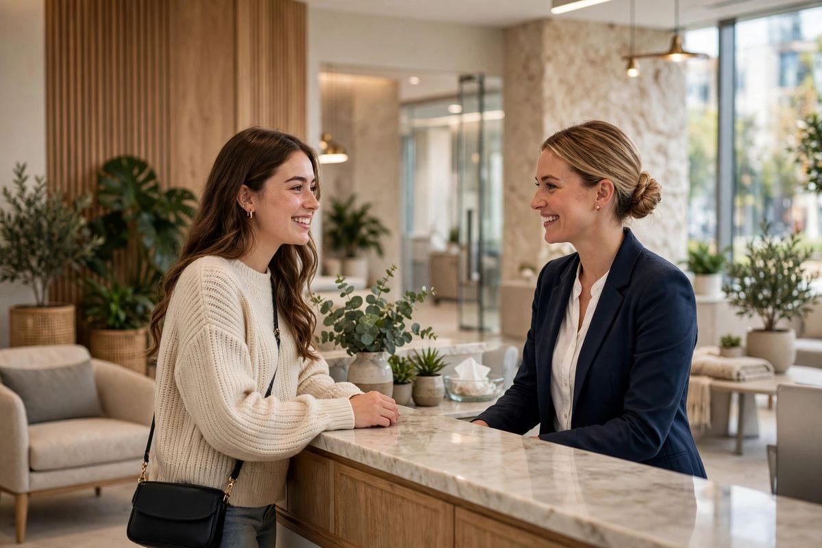 Patient chatting happily with a receptionist at a front desk